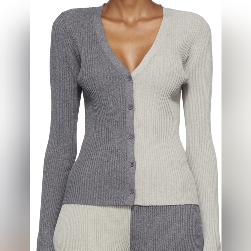 Staud color blocked cardigan in gray.